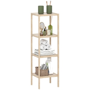 Dulap de Baie Modern cu 4 Rafturi Anti-Răsturnare, Dulap de Baie din Bambus și Lemn, 33x31x110 cm, Lemn Natural - Img 1