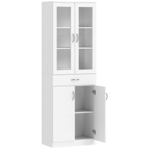 Dulap de Bucătărie Înalt 180 cm cu Uși din Sticlă Soft-Close, Sertar și 2 Dulapuri, Polițe Reglabile, Alb - Img 1