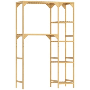 Dulap de deasupra Mașinii de Spălat din Bambus cu 7 Rafturi Reversibile, Dulap Compact cu Spațiu Reglabil, pentru Depozitare și Organizare, pentru Baie sau Spălătorie, 100x40x157 cm, Culoare Lemn - Img 1