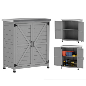 Dulap de grădină cu suprafață de lucru, dulap unelte exterior, lemn masiv și oțel, 79L x 43l x 92Î cm, gri - Img 1