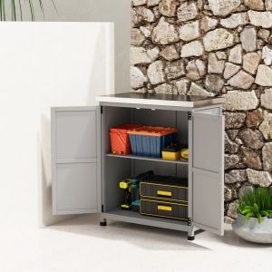 Dulap de grădină cu suprafață de lucru, dulap unelte exterior, lemn masiv și oțel, 79L x 43l x 92Î cm, gri - Img 4