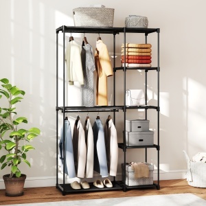 Dulap de Haine Portabil cu 2 Bare și 6 Rafturi, Dulap din Material Textil Non-Țesut, Plastic și Oțel, 111x43x185 cm, Negru - Img 2