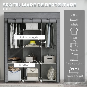Dulap din Material Textil cu Bază Înălțată, 8 Rafturi și 2 Bare, 125x43x162.5 cm, Gri Închis - Img 4