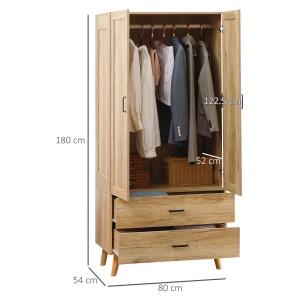 Dulap Dormitor 2 Uși cu 2 Sertare și Bară pentru Umerașe 80x54x180 cm Lemn - Img 3
