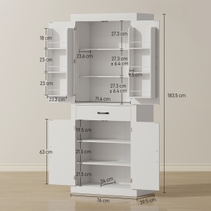 Dulap Înalt pentru Bucătărie 183.5 cm, Dulap de Bucătărie cu 6 Rafturi pe Uși, 4 Uși Rabatabile și Sertar, Dulap Rustic cu Rafturi Reglabile, pentru Cameră de Zi, Bucătărie, Alb - Img 3