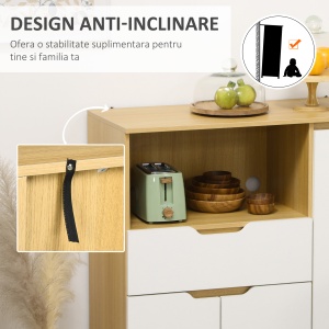 Dulap pentru Cuptor cu Microunde din PAL cu Raft deschis, doua Dulapioare si un Sertar, 90x40x98.5cm Alb si Lemn natur - Img 7