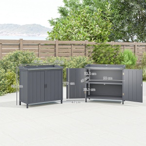 Dulap pentru Exterior din Lemn de Brad cu Blat de Lucru din Metal Zincat si 2 Rafturi pentru Scule, 98x48x95.5 cm, Gri - Img 3