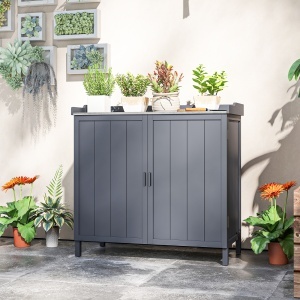 Dulap pentru Exterior din Lemn de Brad cu Blat de Lucru din Metal Zincat si 2 Rafturi pentru Scule, 98x48x95.5 cm, Gri - Img 8