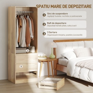 Dulap pentru Haine cu Bara pentru Umerase, Raft Deschis si 3 Sertare, 60x48.5x185 cm, Maro - Img 4