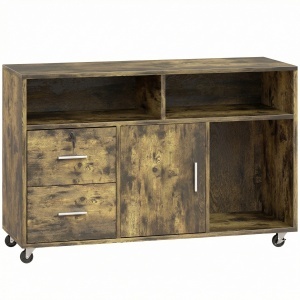 Dulap pentru Imprimantă pe Roți cu 2 Sertare, Încuietoare cu Cheie, 3 Rafturi și Dulap, pentru Documente de Birou și Studiu, 100x35x65 cm, Maro Rustic