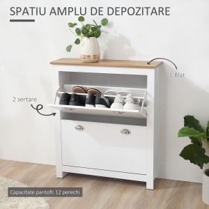 Dulap pentru Pantofi cu 2 Sertare pentru 12 Perechi de Încălțăminte, Dulap de Depozitare, 79x23x90,5 cm, Alb - Img 4