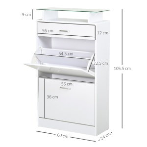 Dulap pentru Pantofi cu 2 Uși pe 2 Niveluri, Sertar și Raft din Sticlă, Dulap pentru Pantofi, 60x24x105,5 cm, Alb - Img 3