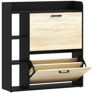 Dulap pentru pantofi slim cu 2 sertare și 3 compartimente deschise, Capacitate 15 perechi, 83x24x90.5 cm, Negru