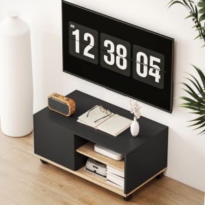 Dulap TV 42" Max cu 2 Rafturi deschise si Usa, din PAL cu Roti, 80x45x39.5 cm, Negru - Img 7