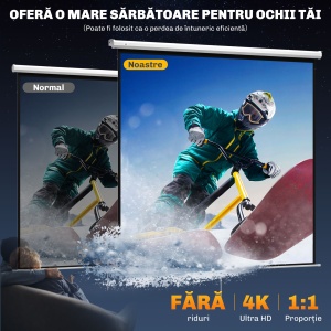 Ecran de Proiecție 120 Inch Format 1:1, Ecran Rulabil cu Unghi de 160° și Montare pe Tavan sau Perete, 223x8x223 cm, Alb - Img 4