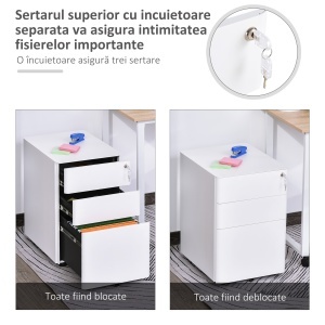 Fiset de Birou 3 Sertare si Incuietoare Serratura, Fiset pentru Birou cu Roti din Otel, 39x48x59cm, Alb - Img 4