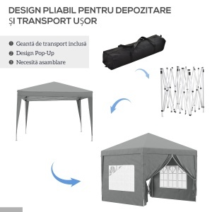 Foișor de Exterior 3x3 m Pliabil cu 4 Panouri Laterale, din Oțel și Material Oxford, Gri Deschis - Img 5