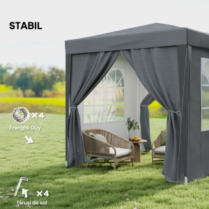 Foișor Pliabil 2x2 m Pop-Up cu 2 Uși, 2 Ferestre, 4 Pereți Detașabili, Foișor de Exterior cu Geantă de Transport din Oțel și Țesătură Oxford, pentru Grădină, Petreceri, Camping, Gri - Img 6