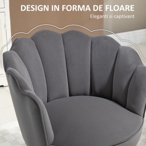 Fotoliu Captusit cu Spatar Tip Scoica si Picioare din Lemn, 66x66x78.5 cm, Gri inchis - Img 5