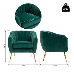 Fotoliu din catifea verde cu picioare metalice aurii, Scaun modern pentru living și dormitor - Img 3