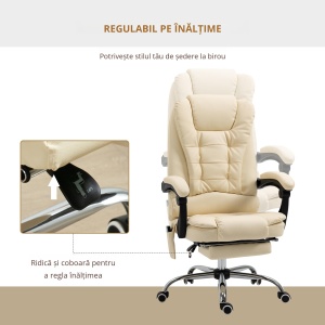 Fotoliu pentru Masaj Pivotant si Ergonomic cu Inaltime Reglabila cu 6 Puncte de Vibratie, 65x160x104 cm, Crem - Img 5