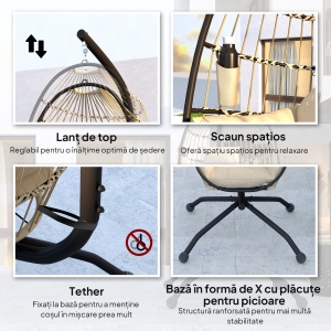 Fotoliu Suspendat Tip Ou cu Lanț Reglabil, 2 Perne Detașabile și Suport pentru Pahare, Scaun Balansoar Pliabil pentru Grădină, Bază în X din Oțel, pentru Interior și Exterior, 120x88x192 cm, Bej - Img 7