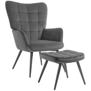 Fotoliu Tapițat pentru Interior cu Brațe și Taburet Integrat, Fotoliu pentru Sufragerie din Țesătură cu Efect de Catifea, 73x77.5x98 cm, Gri Închis
