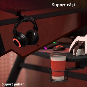 Gaming Desk, Masă Gaming cu Management Cabluri, Suport Pahare și Cârlig pentru Căști, Negru, 120×65×74,5 cm - Img 7