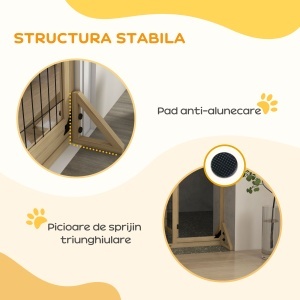 Gard pentru Câini Extensibil cu Ușă și 2 Panouri, Picioare Triunghiulare, 112-159x70 cm, Lemn Natural - Img 6