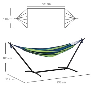 Hamac de Grădină Suspendat 310x117 cm cu Înălțime Reglabilă și Suport, Capacitate 120 kg, Hamac Autoportant cu Geantă de Transport, pentru Camping, Grădină, Balcon, Patio, Verde și Albastru - Img 3