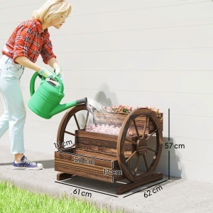 Jardinieră de Exterior cu 3 Niveluri și Roți Decorative, din Lemn de Brad cu Orificii de Drenaj, pentru Legume și Flori, pentru Balcon sau Terasă, 62x61x57 cm, Carbonizat - Img 3