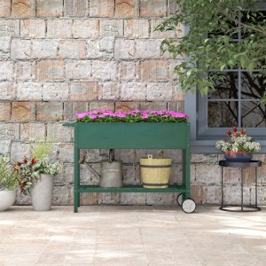 Jardinieră Exterioară cu Raft Inferior pentru Unelte, Jardinieră Metalică cu 2 Roți și Mâner, 109x44x80 cm, Verde - Img 8