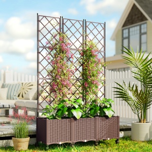 Jardinieră Înălțată cu Grilaj 130L, Pat pentru Grădină Înălțat de Exterior cu Roți Blocabile, Sistem de Autoirigare, Găuri de Drenaj pentru Plante Cățărătoare, Legume, Flori, Maro - Img 2
