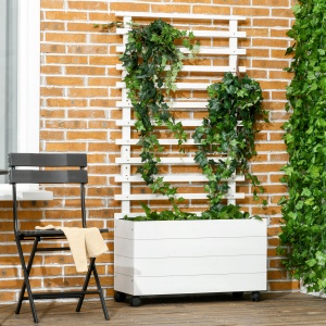 Jardiniera inaltata verticala cu 4 roti si suport pentru plantele cataratoare, din lemn de brad, 76x30x155cm, alb - Img 2