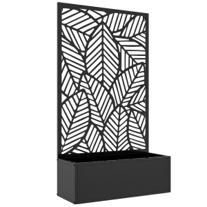 Jardinieră Metalică Înălțată pentru Exterior cu Suport de Intimitate, Panou Decorativ și Vas pentru Plante, Montabilă pe Perete sau Independentă, Negru
