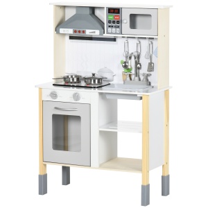 Jucarie de bucatarie pentru copii cu inaltime reglabila, efecte sonore, lumini si ustensile, din MDF si PP, 60x30,5x93,2 cm, gri si alb