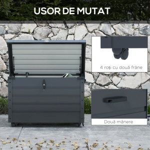 Ladă de Grădină de 295L cu Încuietoare, 2 Mânere și 4 Rotile, Mobilier Depozitare din Oțel, 100x62x65 cm, Gri - Img 4