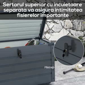 Ladă de Grădină de 295L cu Încuietoare, 2 Mânere și 4 Rotile, Mobilier Depozitare din Oțel, 100x62x65 cm, Gri - Img 7