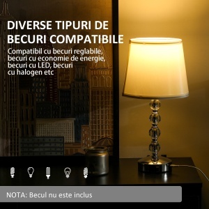Lampă de Masă cu Buton și Port USB, Lampă Modernă din Metal, Sticlă și Poliester, Ø23x45 cm, Argintiu - Img 5