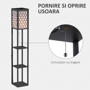 Lampă stand cu rafturi 3 niveluri, negru 26x26x160 cm, Iluminare caldă și rafturi pentru living sau birou - Img 6