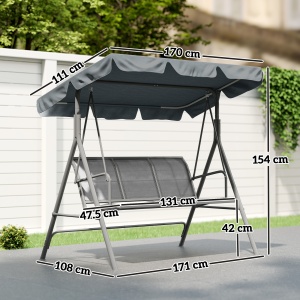 Leagăn de grădină 3 locuri cu acoperiș parasolar reglabil și detașabil, șezut respirabil din poliester, capacitate 240 kg, 171x108x154 cm, gri închis - Img 3