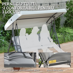 Leagăn de Grădină 3 Locuri cu Acoperiș Reglabil, Leagăn de Exterior cu Perne Căptușite din Poliester și Cadru din Oțel, Greutate Maximă 210 kg, 172x110x156 cm, Gri Deschis - Img 5