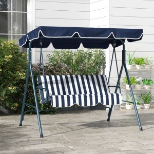 Leagăn de Grădină cu 3 Locuri cu Acoperiș Solar, Balansoar în Aer Liber cu Structură din Oțel și Poliester, 172x110x153 cm, Alb și Albastru - Img 2