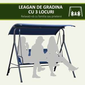Leagăn de Grădină cu 3 Locuri și Acoperiș Reglabil din Material și Oțel, 172x110x153 cm, Albastru Închis - Img 6