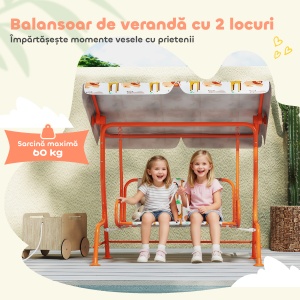 Leagăn pentru Copii cu 2 Locuri, Acoperiș Reglabil și Curele de Siguranță, Leagăn pentru Grădină și Interior din Oțel și Material Oxford, Max 60 kg, 112x75x120 cm, Portocaliu - Img 5