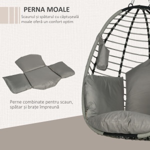 Leagăn pentru Exterior cu Pernă Capitonată, Scaun Suspendat pentru Terasă cu Suport Metalic, Cos Pliabil, 110x100x188 cm, Gri - Img 6