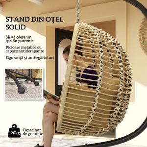 Leagăn pentru Exterior cu Pernă Capitonată, Scaun Suspendat pentru Terasă cu Suport Metalic, Cos Pliabil, 110x100x188 cm, Gri - Img 4