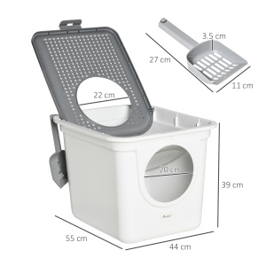 Litieră Închisă pentru Pisici cu 2 Intrări, cu Tavă și Lopățică, Litieră Acoperită din Plastic, 44x55x39 cm, Alb - Img 3
