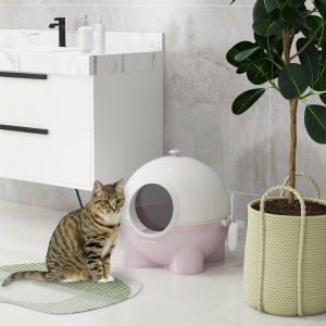 Litieră pentru Pisici cu Capac și Lopățică Inclusă, Capacitate Max 4 kg, 53x51x48 cm, Alb și Roz - Img 2