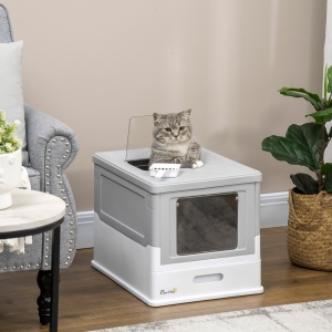 Litiera pentru Pisici Inchisa din PP cu Paleta Inclusa, Cutie Igienica pentru Pisici cu Tava Detasabila si 2 Usi, 47.5x35.5x36.7 cm, Alb si Gri - Img 2